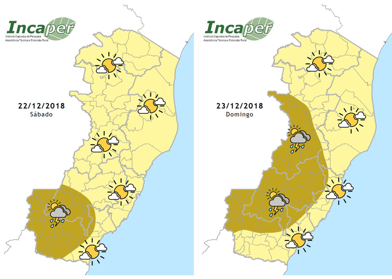 Imagens do Incaper mostram ampliação da área com previsão de chuva. (Imagens: Incaper)