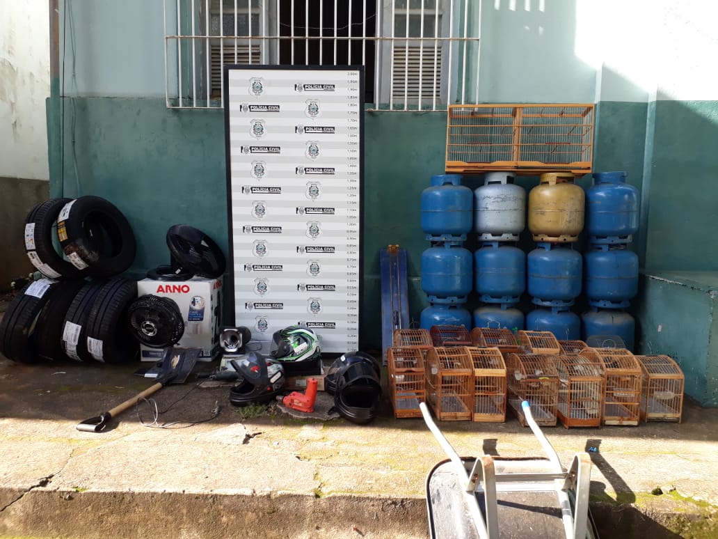 A polícia apreendeu botijas de gás, aves da fauna silvestre, cartuchos de arma de fogo, entre outros objetos. (Foto: Divulgação Polícia Civil)