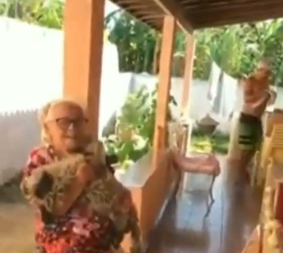 No vídeo, a cachorrinha aparece sem sinais de vida no colo da idosa (Foto: Reprodução/Vídeo)