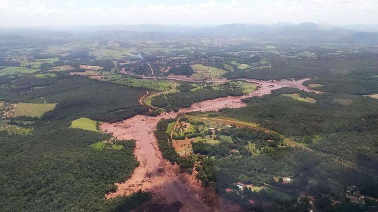 Imagem aérea da área atingida pelos rejeitos de minério. (Foto: Divulgação Corpo de Bombeiros)