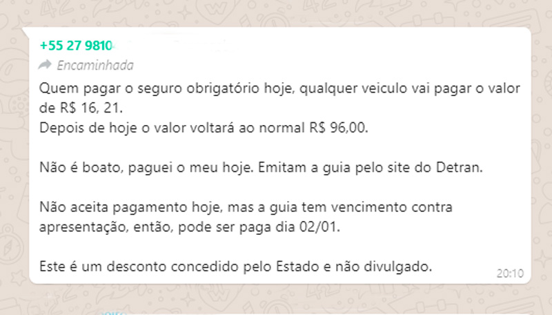 Mensagem está circulando nas redes sociais (Foto: Reprodução WhatsApp)