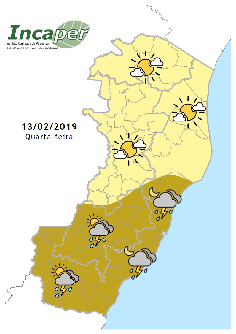 Mapa do clima do Estado para esta quarta-feira (Foto: Divulgação / Incaper)