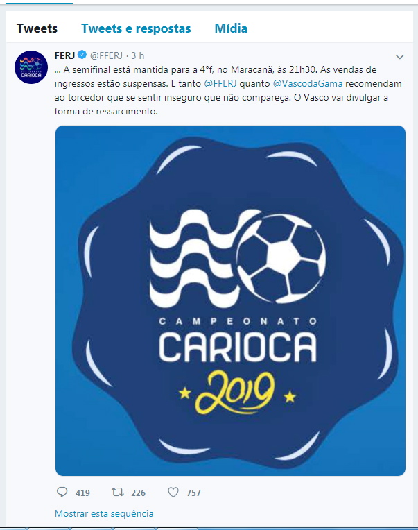 Postagem da Federação de Futebol do Rio recomenda que torcedor não vá ao Maracanã para a semifinal da Taça Guanabara (Foto: Twitter/Ferj)