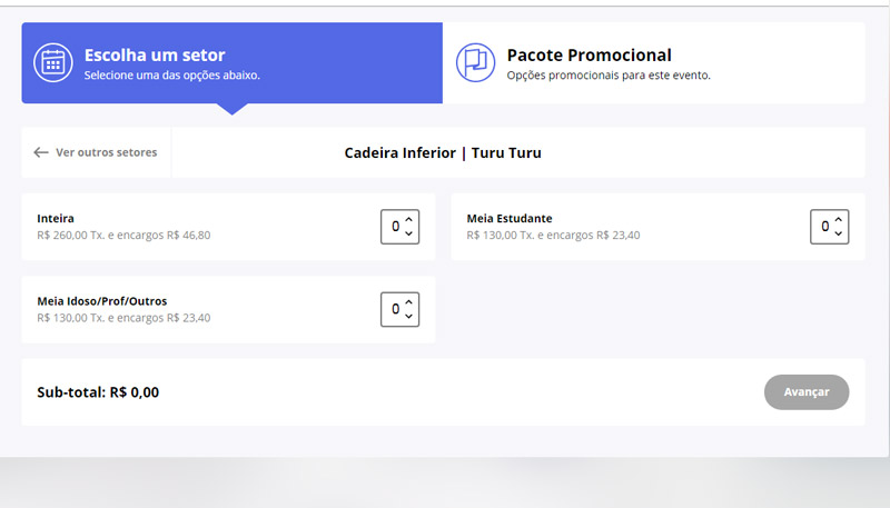Simulação de compra de ingresso apresenta a taxa de 18% (Foto: Reprodução)