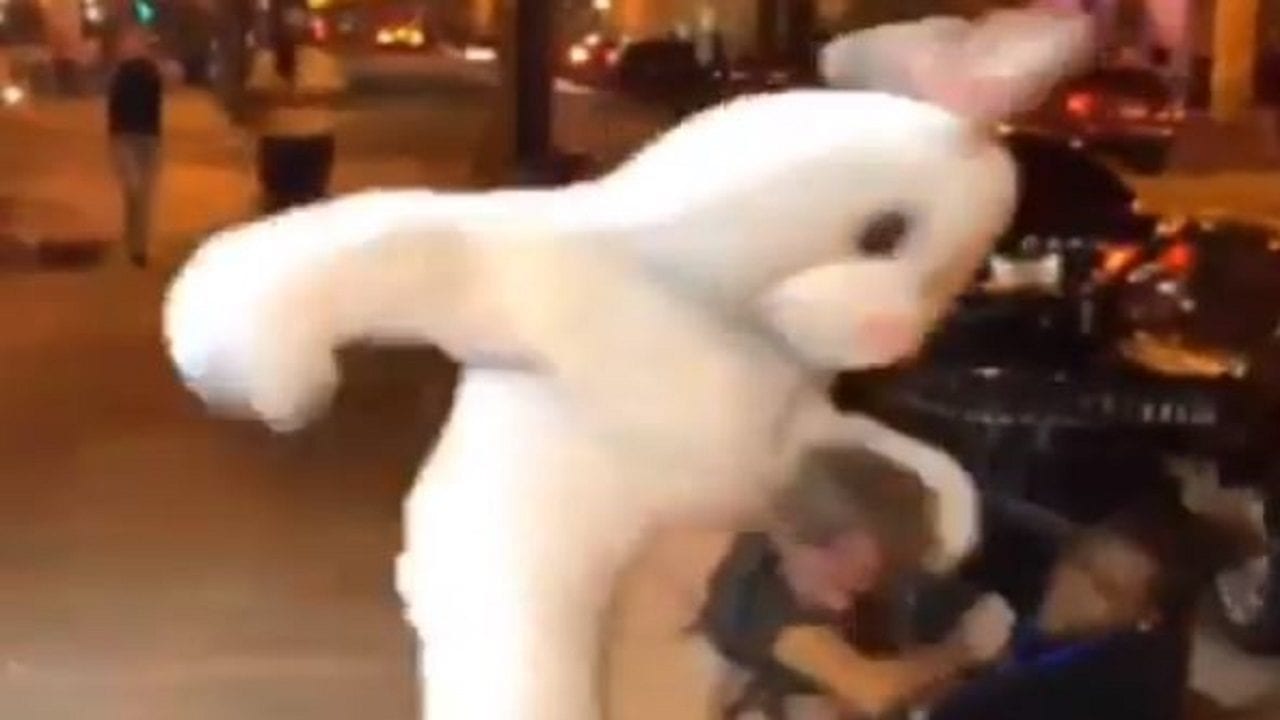 Homem fantasiado de coelho da páscoa separa briga e agride homem nos EUA (Foto: Reprodução/YouTube)