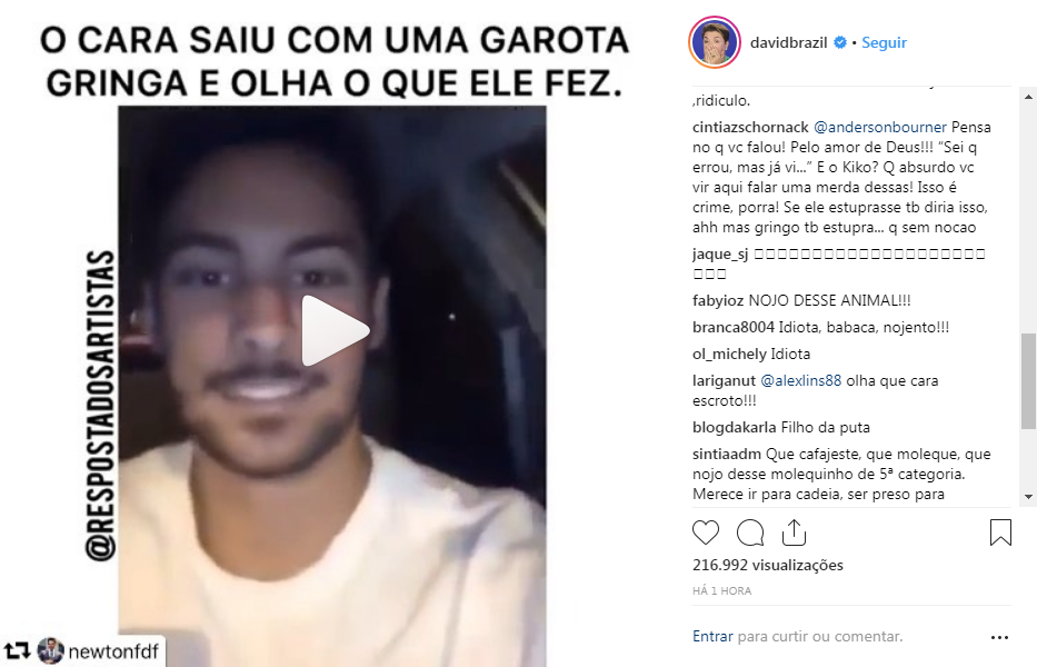 O vídeo do capixaba repercutiu entre artistas, entre eles David Brazil, que criticou a atitude do jovem em seu Instagram (Foto: Reprodução)