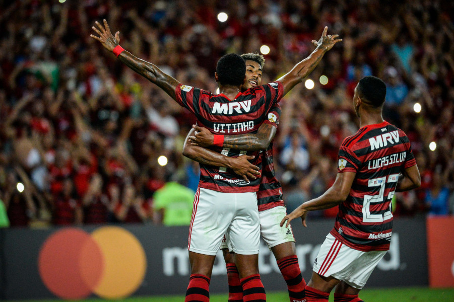 Jogadores do Flamengo comemoram durante a partida (Foto: Alexandre Vidal/ Flamengo)