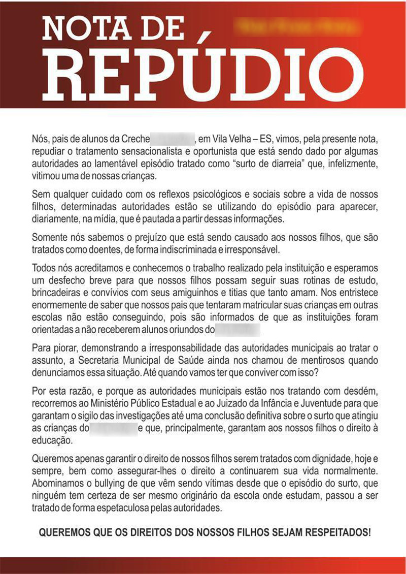 Nota assinada pelos pais foi enviada nas redes sociais (Foto: Reprodução / Redes Sociais)