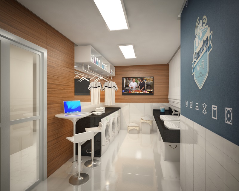 Lavanderia do Adress Praiado Canto: é prático para os moradores e otimiza o espaço dos apartamentos (Foto: Divulgação)