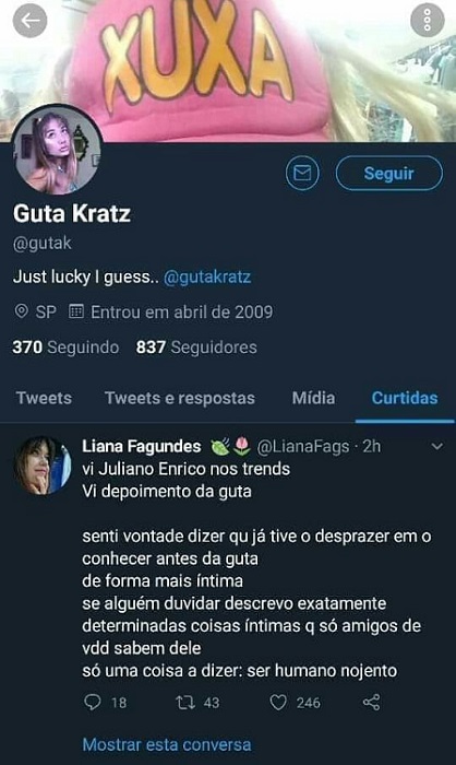 Print em que a produtora de moda Liana Fagundes relatou ter sofrido abusos de Juliano, curtido por Guta (Foto: Reprodução/Twitter)