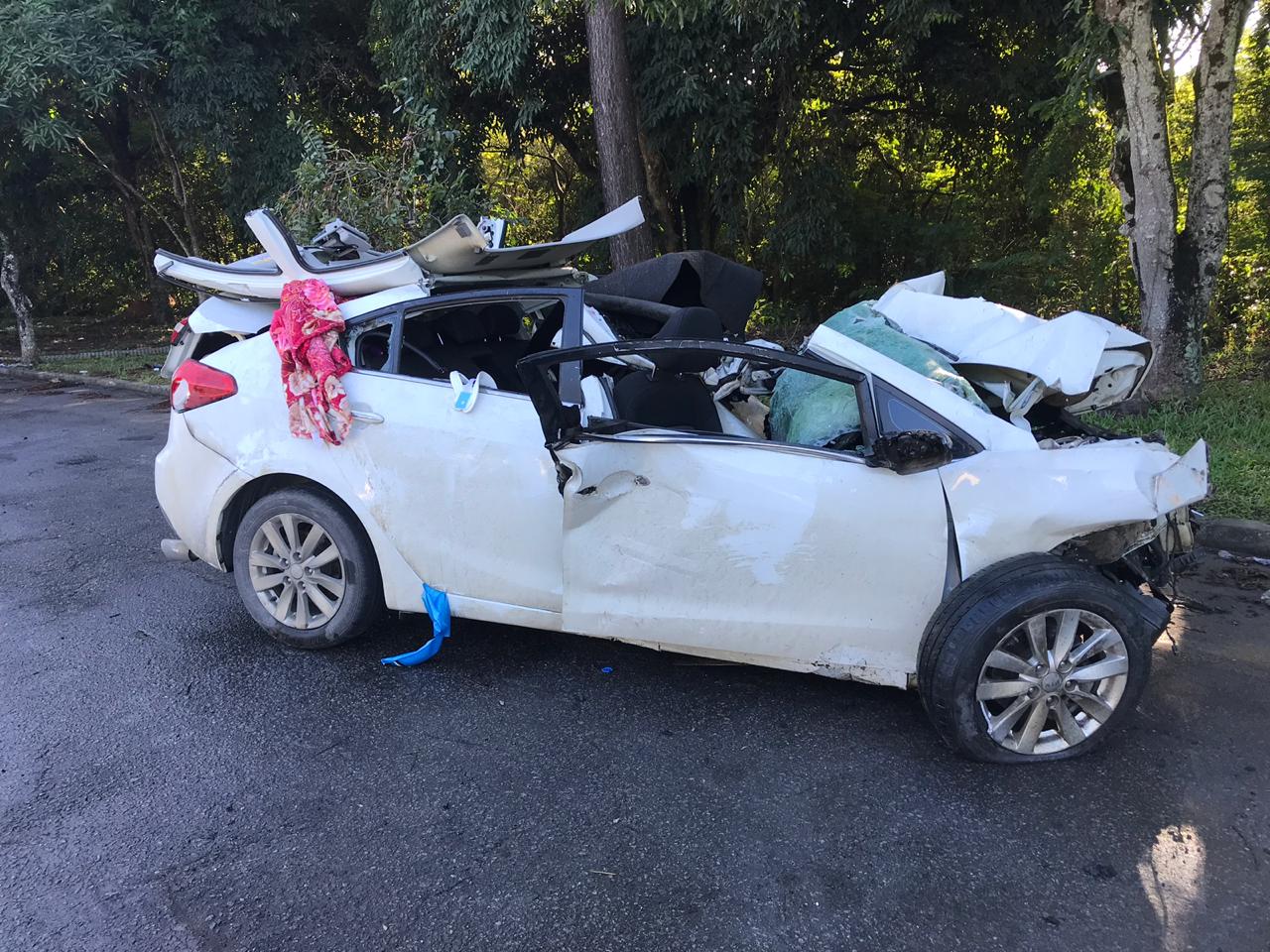 Veículo em que família estava ficou completamente destruído (Foto: Vanessa Calmon/ TV Tribuna)