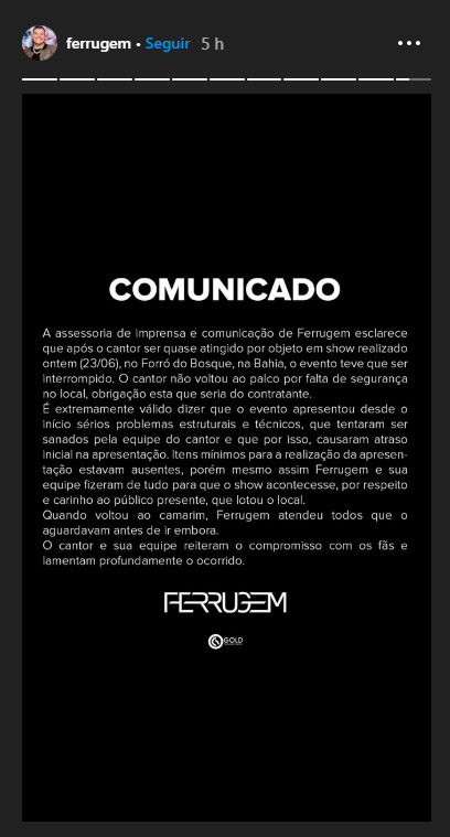 Nota oficial postada por Ferrugem (Foto: Reprodução / Instagram)