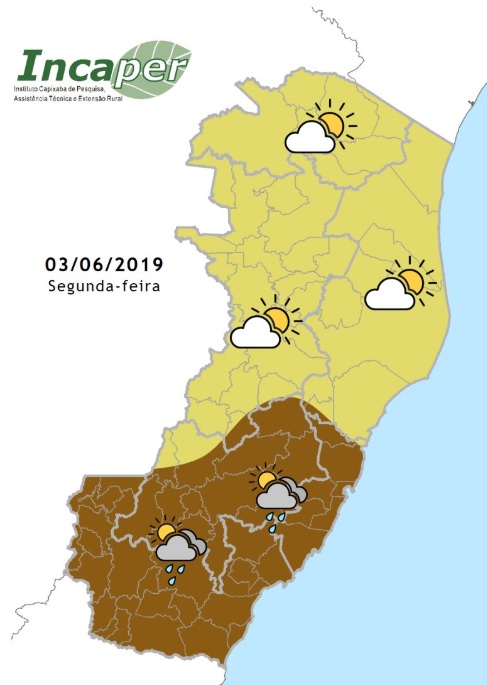Mapa do instituto mostra previsão de chuva para parte do Estado (Foto: Reprodução/ Incaper)