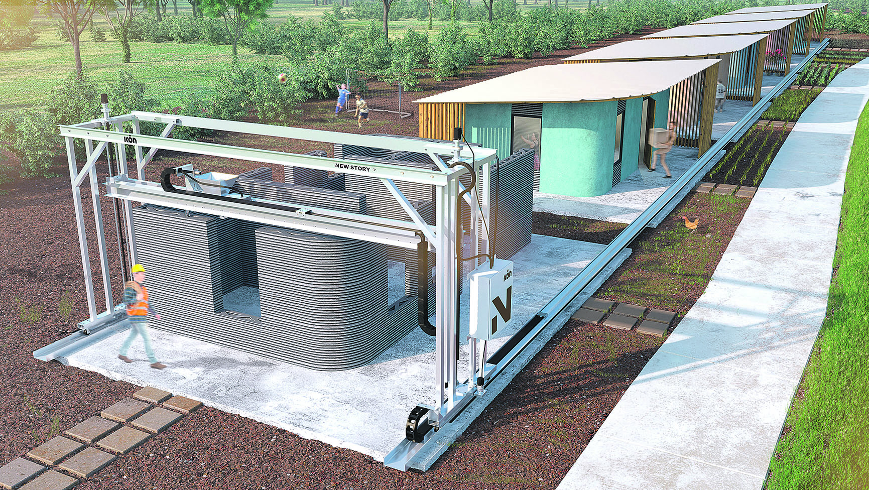 Projeção mostra condomínio de casas sendo construído com o uso de impressora 3D: obra mais rápida e precisa. (Foto: Icon/Divulgação)