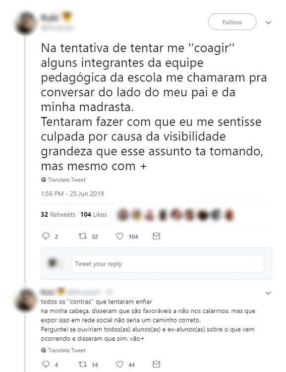 Uma das meninas assediadas relatou como foi a reunião com a escola sobre o caso (Foto: Reprodução/Twitter)