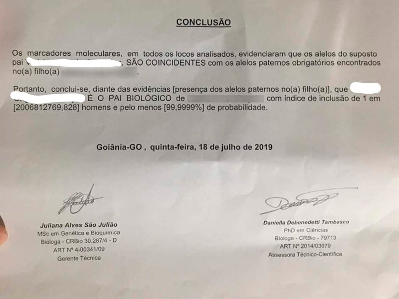 Exame divulgado pela mãe comprova que o homem é o pai da criança (Foto: Reprodução / Facebook)