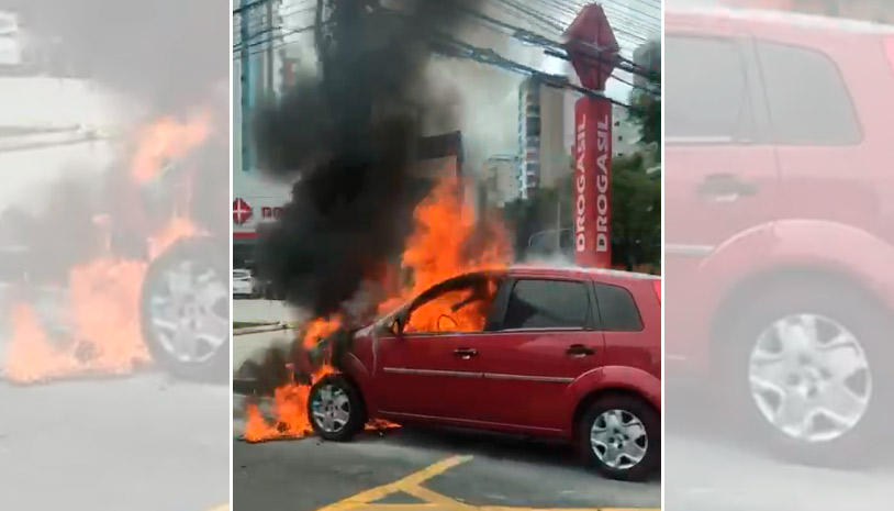 O carro pegou fogo em plena Reta da Penha (Foto: Reprodução / Redes Sociais)