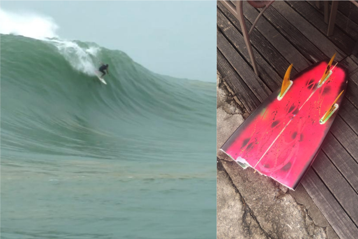 O capixaba Lucas Medeiros foi derrubado por uma das ondas e teve a prancha quebrada. Só uma parte dela foi recuperada. (Fotos: Straya Filmes e Lucas Medeiros)