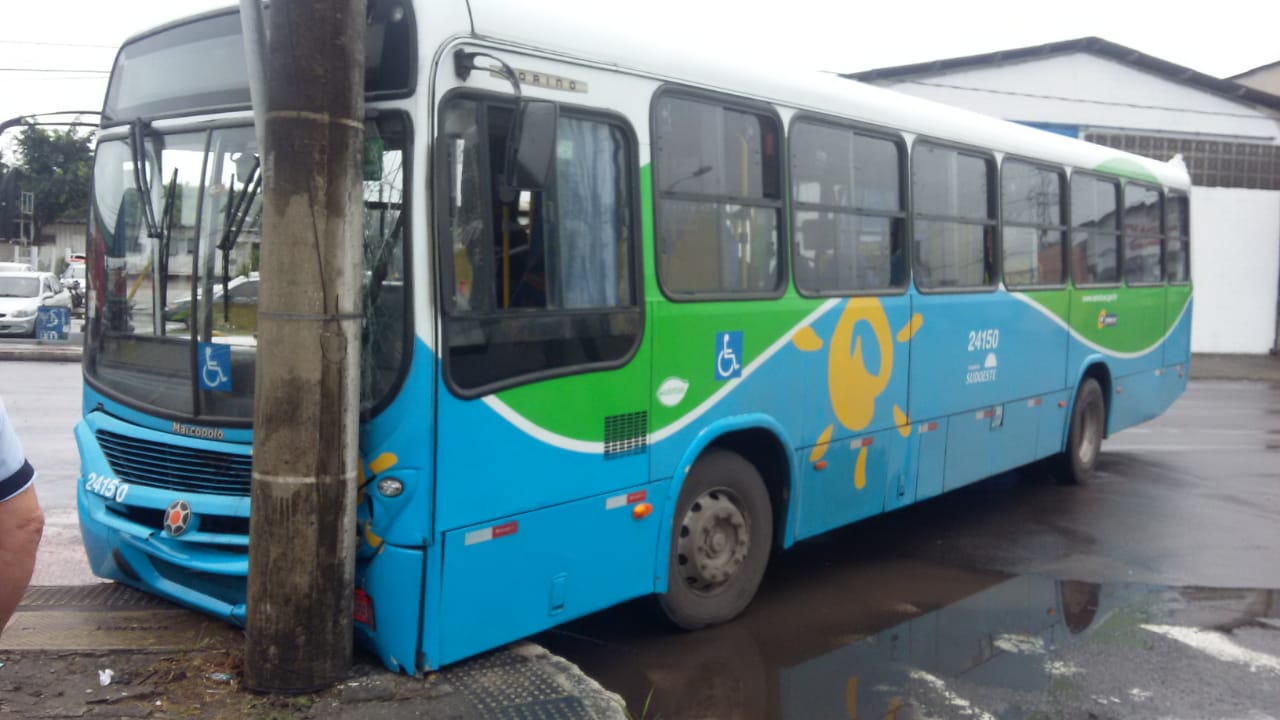 Após ser atingido por uma carreta, o ônibus bateu em um post (Foto: Foto do leitor)