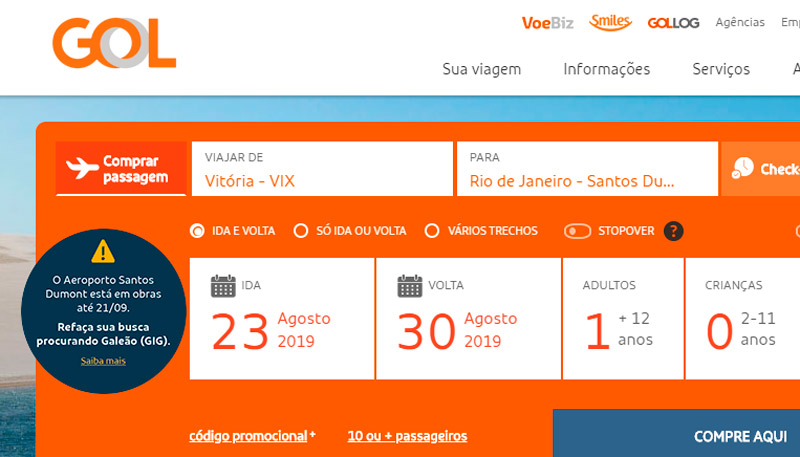 Site da Gol exibe mensagem sobre as obras no Aeroporto Santos Dumont (Foto: Reprodução )
