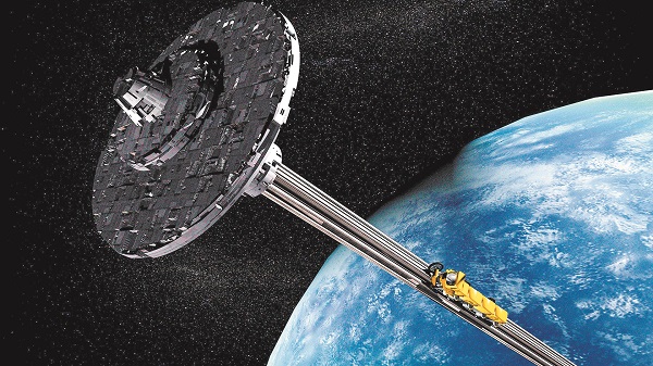 Projeção de um elevador até o espaço: estrutura seria “ancorada” na Lua e funcionaria como uma “ferrovia” (Foto: Divulgação)