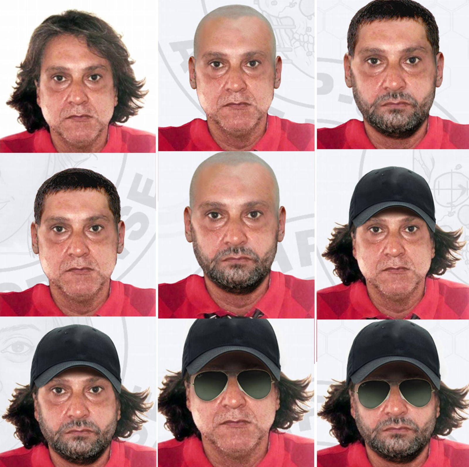 Simulação da polícia de alguns disfarces que o assassino do ator Rafael Miguel pode estar usando (Foto: Divulgação/Polícia Civil)