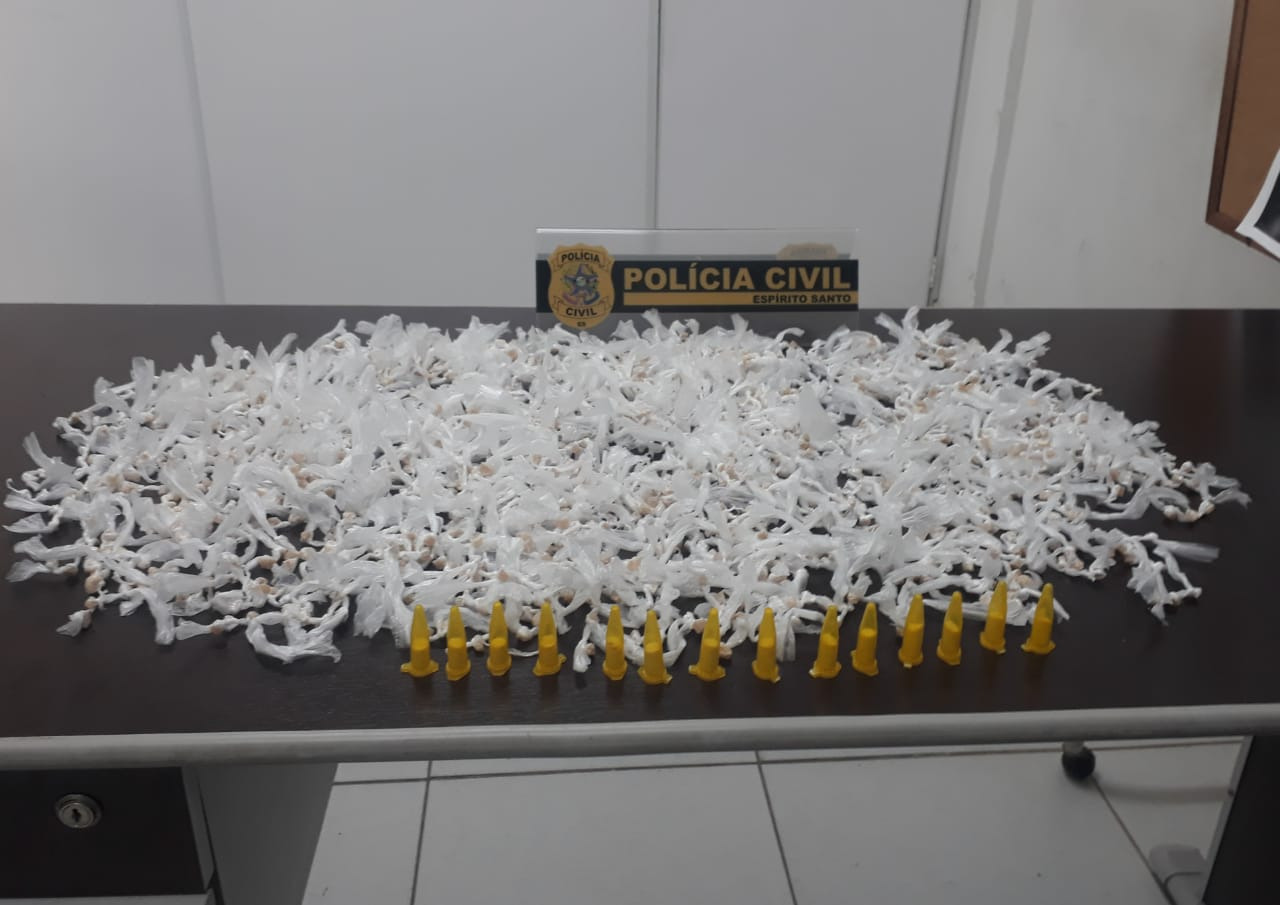 Mais de 1.900 pedras de crack e 14 pinos de cocaína foram apreendidos (Foto: Divulgação/ PCES)