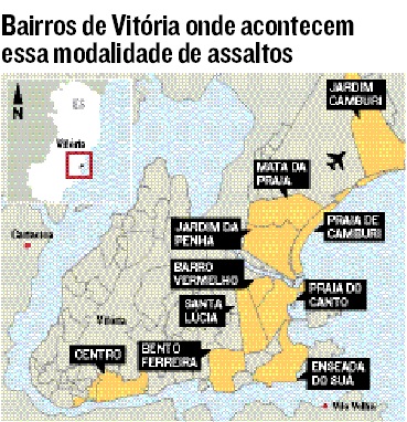 Mapa com os locais com mais assaltos em bicicletas compartilhadas (Foto: Jornal A Tribuna)