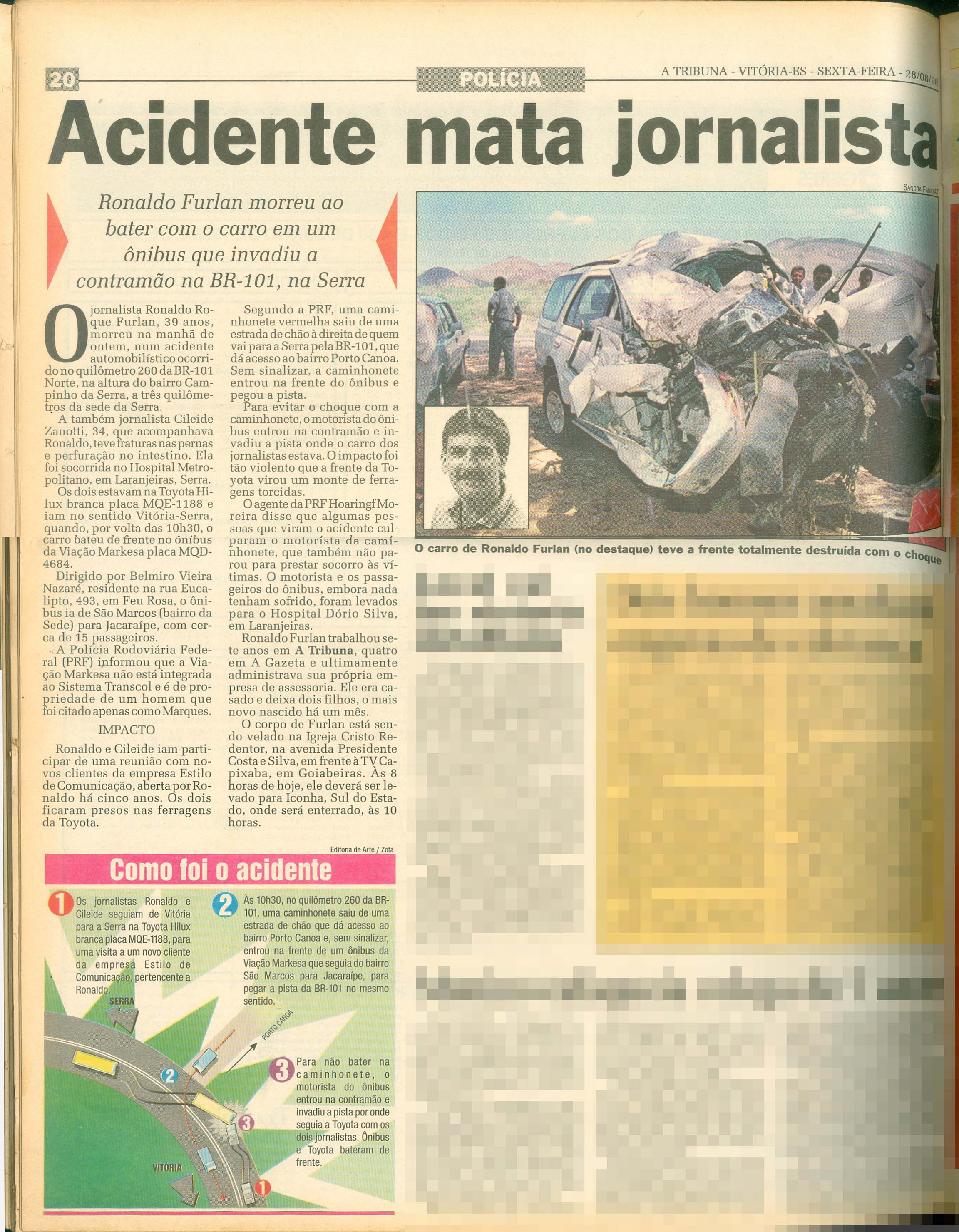 Página publicada por A Tribuna em 28 de agosto de 1998 do acidente que matou o jornalista Ronaldo Furlan. (Foto: A Tribuna)