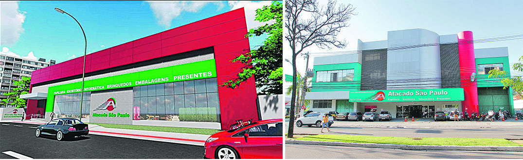 O novo “Atacadão” (à esquerda, na perspectiva) terá uma estrutura três vezes maior do que o tamanho da loja atual (na foto à direita), mas sem deixar de oferecer qualidade, comodidade e preço especial a quem busca material escolar, de escritório e utilidades (Foto: Divulgação/ Atacado São Paulo)