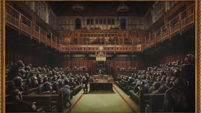 Batizado de "Devolved Parliament" (parlamento devolvido, em inglês), o quadro mostra um grupo de chimpanzés no lugar de políticos no Parlamento britânico. (Foto: Divulgação/Sotheby's.)