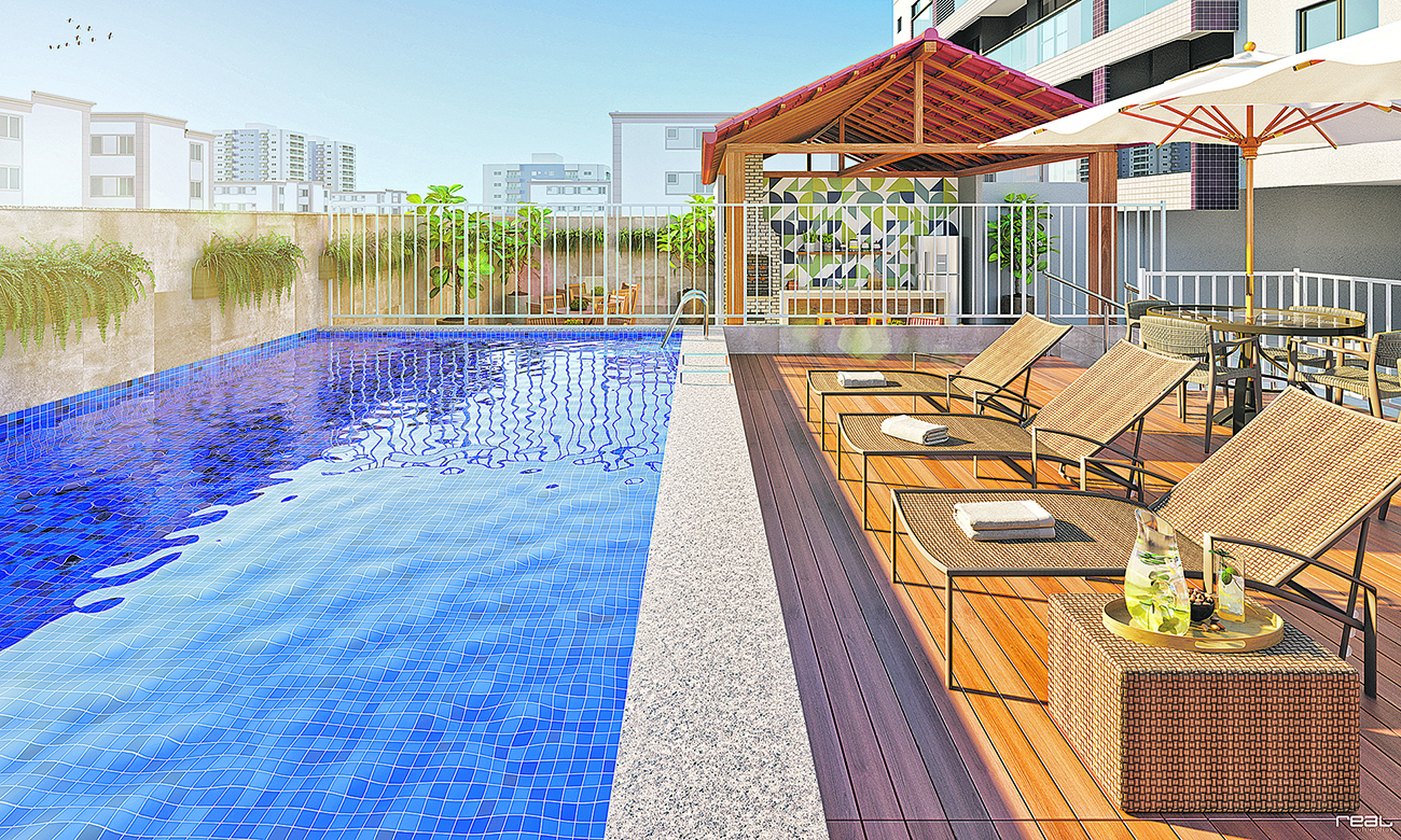 Perspectiva da piscina do Edifício Eustachio Ramacciotti, em Vitória: projeto que pensa no meio ambiente (Foto: Divulgação)