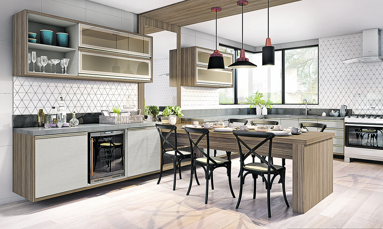 Cozinha com mesa de jantar, uma das criações de design e funcionalidade (Foto: Divulgação/ Rimo)