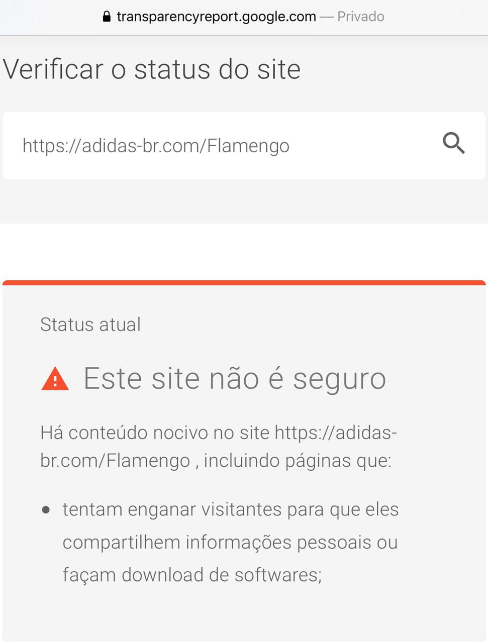 Ferramenta do Google alerta que página que promete sorteio de camisas do Flamengo é suspeita. (Foto: Reprodução)