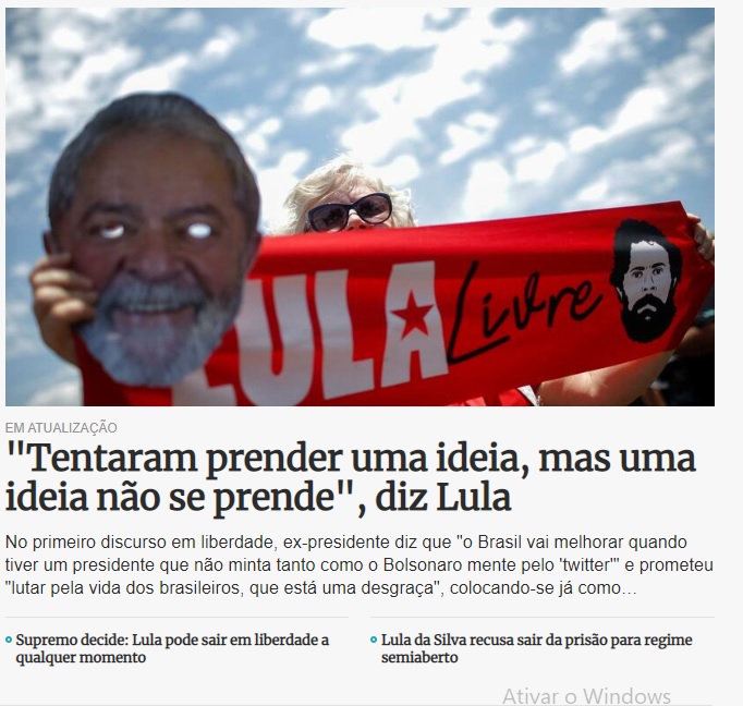 No português Diário de Notícias, não só se trata da notícia principal, como acrescenta que, aguardado por milhares de apoiadores, Lula fará um tour pelo Brasil. (Foto: Reprodução/Diário de Notícias)