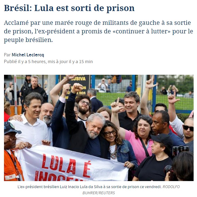 Uma foto de Lula com o título: "Brasil: Lula está fora da prisão" é a principal notícia do site do jornal francês Le Figaro. (Foto: Reprodução/Le Figaro)