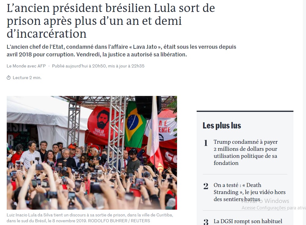 No também francês Le Monde, a notícia está com um destaque de "alerta" escrito em vermelho. "Justiça brasileira autoriza libertação do ex-presidente Lula", avisa. (Foto: Reprodução/Le Monde)