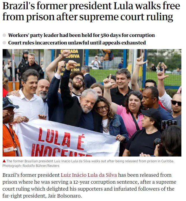 Na página principal do jornal britânico The Guardian se lê que Lula foi libertado da prisão. (Foto: Reprodução/The Guardian)