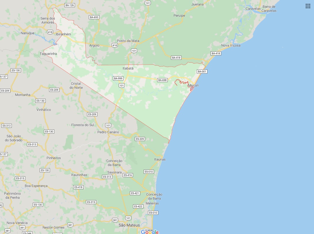 Mucuri é um município baiano vizinho de Conceição da Barra (Foto: Reprodução/ Google Maps)