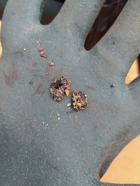 Funcionários da Prefeitura de Vila Velha encontram resíduos de óleo na praia em Interlagos (Foto: Rovena Cruz/PMVV)
