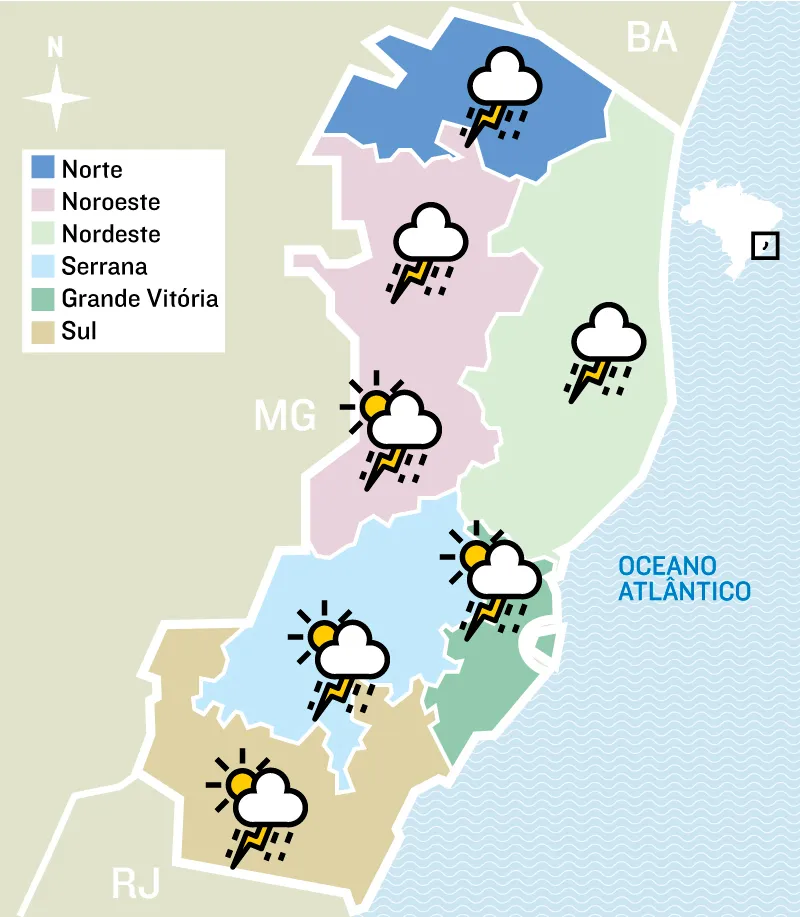 Imagem ilustrativa da imagem Chuva volta ao Estado nesta sexta: confira a previsão