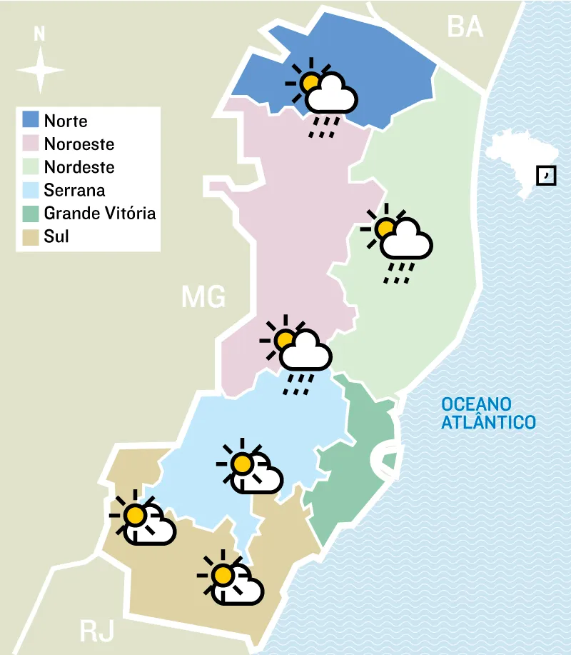 Imagem ilustrativa da imagem Previsão de chuva no início da semana no Estado