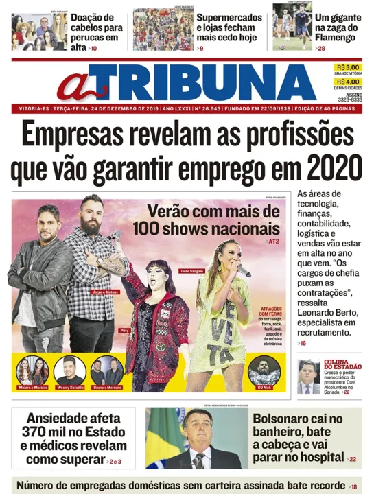 Imagem ilustrativa da imagem Clique aqui e veja os destaques do jornal A Tribuna desta terça