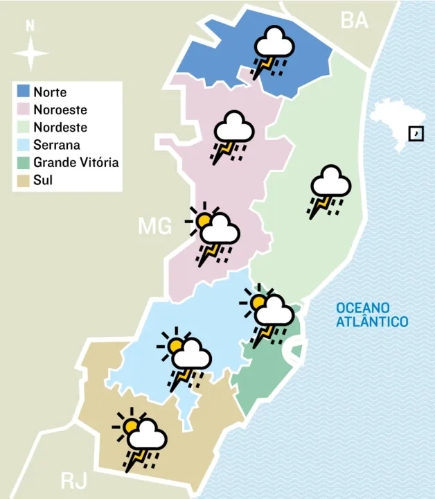 Imagem ilustrativa da imagem Chuva volta ao Estado nesta sexta: confira a previsão