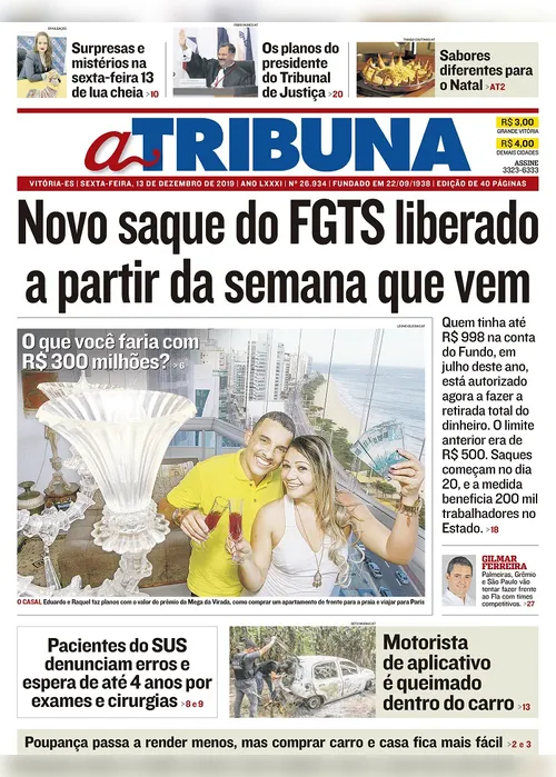 Imagem ilustrativa da imagem Clique aqui e veja os destaques do jornal A Tribuna desta sexta
