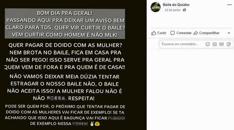 Aviso nas redes sociais mostra traficantes fazendo ameaças contra frequentadores que tentarem assediar mulheres no baile (Foto: Reprodução / Redes Sociais)