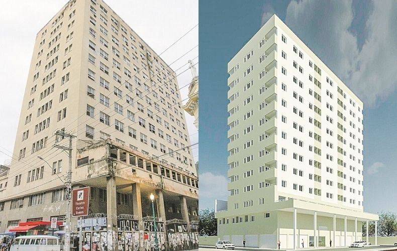 Edifício Getúlio Vargas, na Praça Costa Pereira, como está atualmente e como ficará após as obras (Foto: Fábio Nunes/AT / Divulgação)