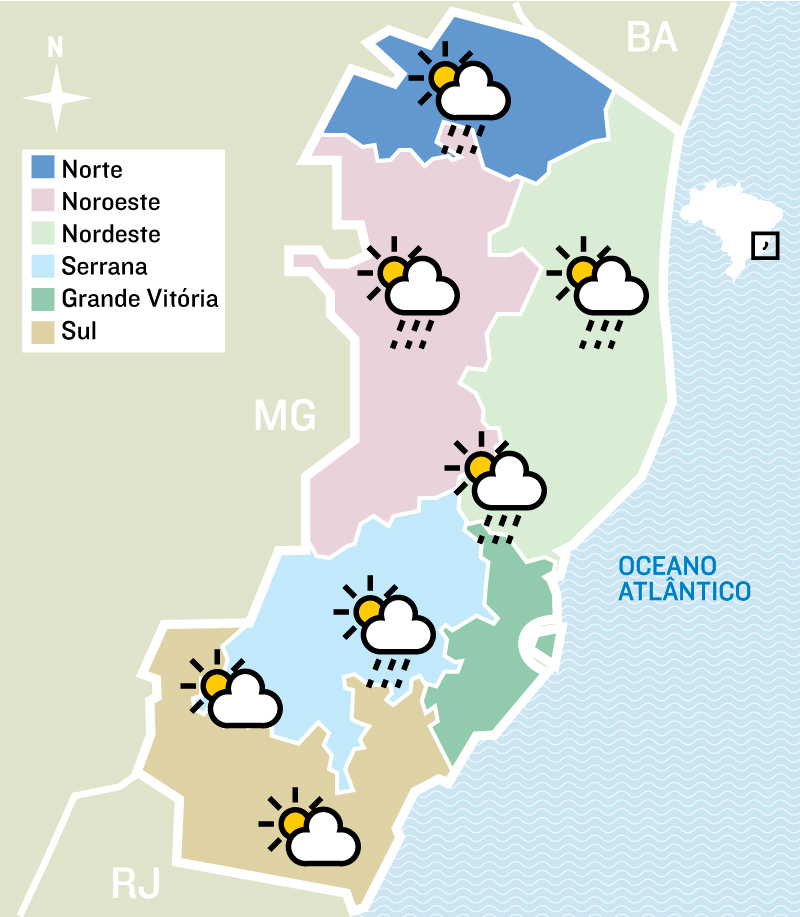 Mapa baseado nas previsões do Incaper (Foto: Ilustração: Leo Rangel/AT)