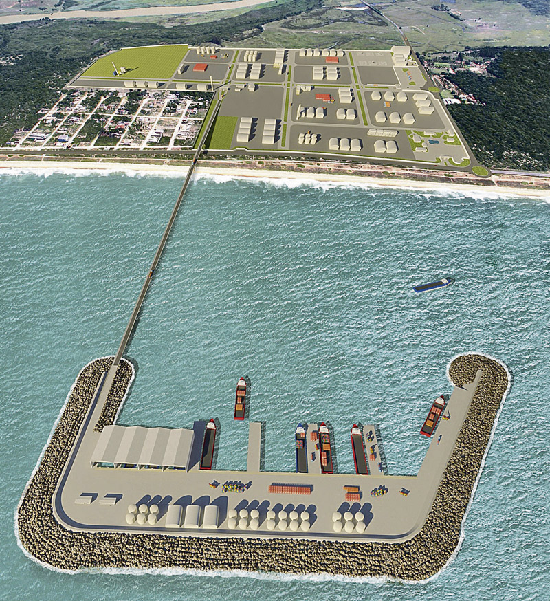Projeção do porto da Itaoca Offshore, a ser construído em Itapemirim: a previsão é de que as obras tenham início no primeiro trimestre do ano que vem. No local, haverá heliponto estratégico, por exemplo (Foto: Divulgação)