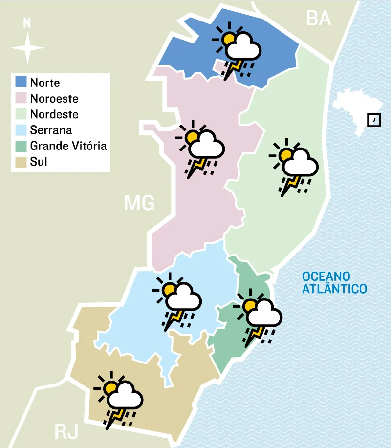 Imagem ilustrativa da imagem Quinta-feira de chuva em todo o Estado: confira a previsão